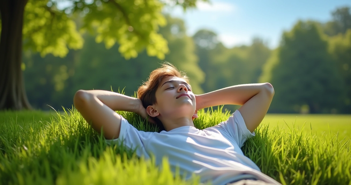 Pessoa deitada em um parque, relaxando em meio à natureza 