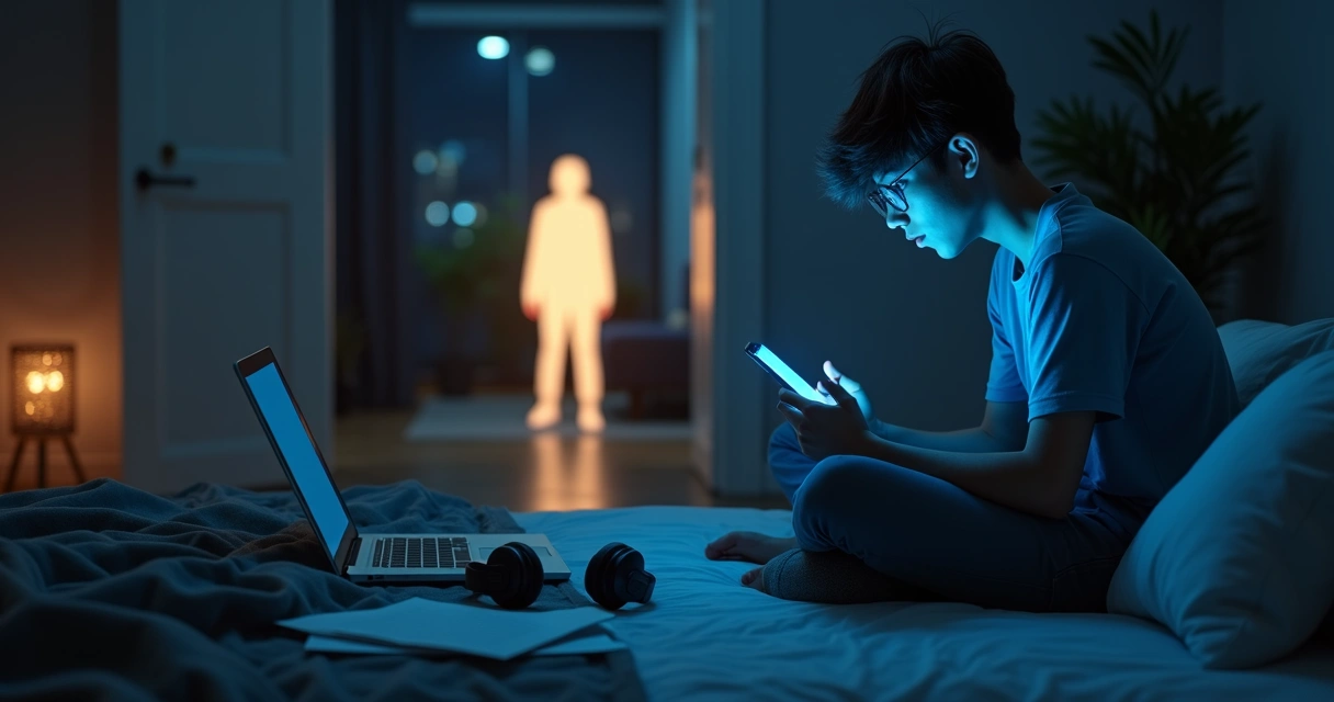 Pessoa em sala cheia de estímulos digitais distraída de silhueta iluminada ao fundo 