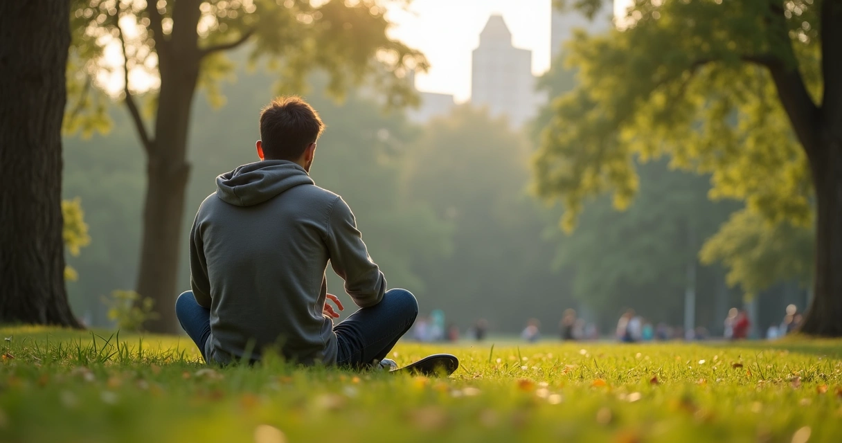 Pessoa sentada na grama em um parque, sem celular, olhando ao redor 