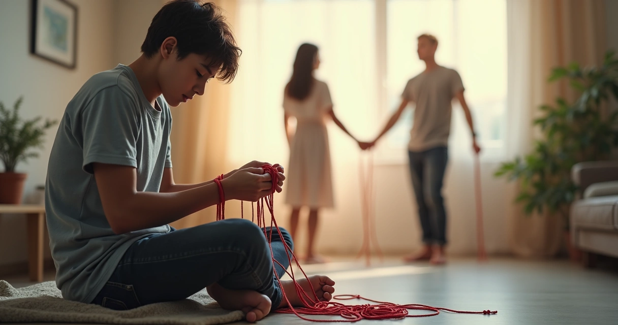 Pessoa desfazendo fios que a prendem a duas silhuetas ao fundo 