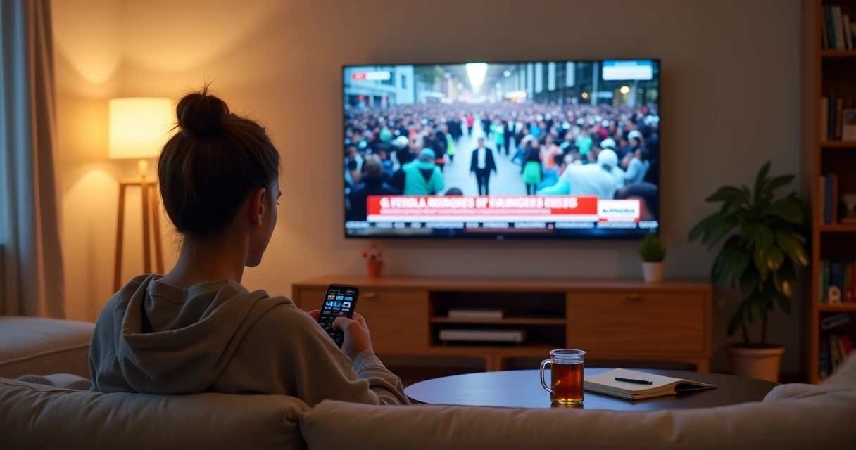 Pessoa sentada no sofá desligando notícias na TV e focando no autocuidado 