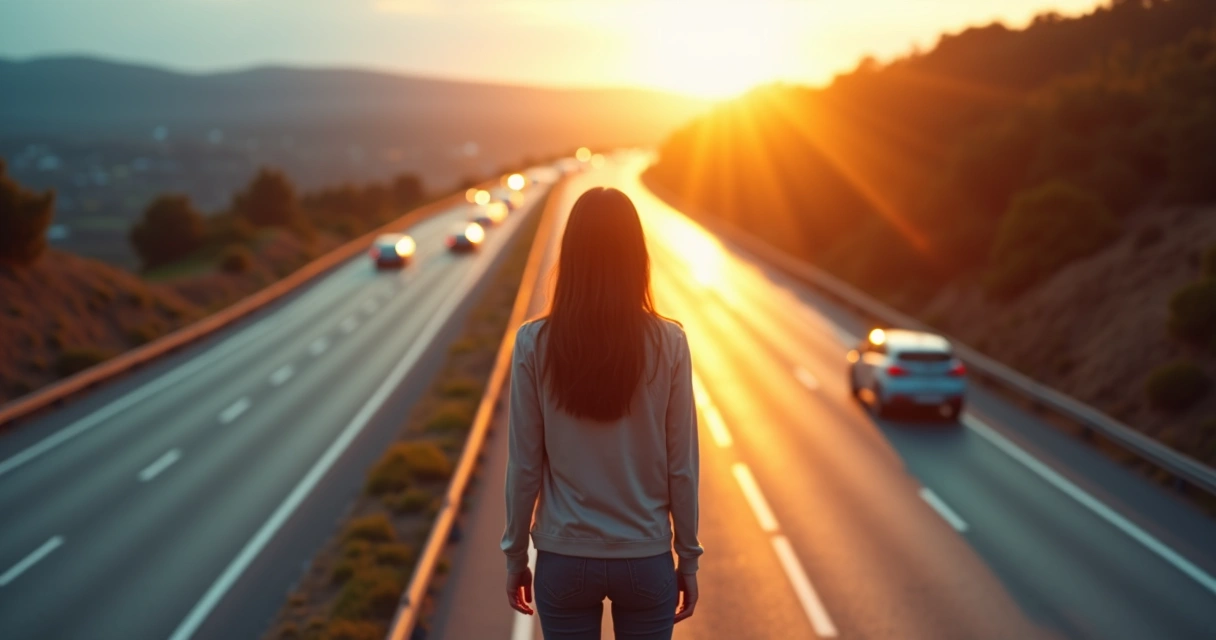 Pessoa em pé em uma bifurcação saindo de uma estrada cinza para um caminho iluminado 