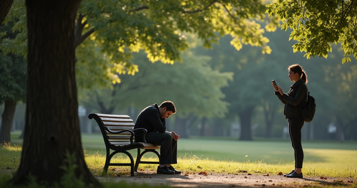Pessoa sentada em um banco de praça, cabisbaixa, enquanto outra fala ao celular de costas. 