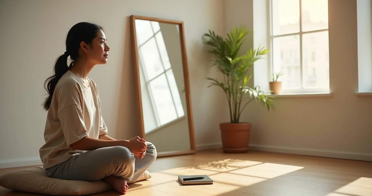 Pessoa sentada refletindo diante de um espelho grande em ambiente calmo 