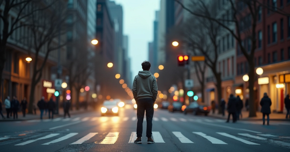 Pessoa parada diante de uma encruzilhada em ambiente urbano 