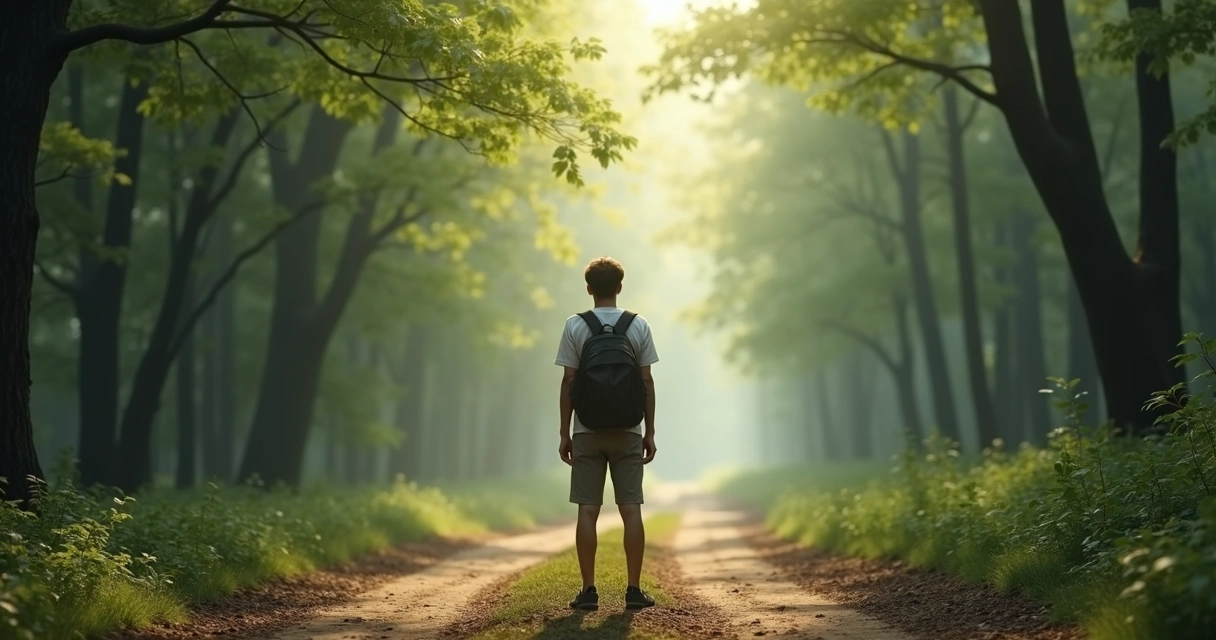 Pessoa em pé diante de dois caminhos em um cruzamento de trilha