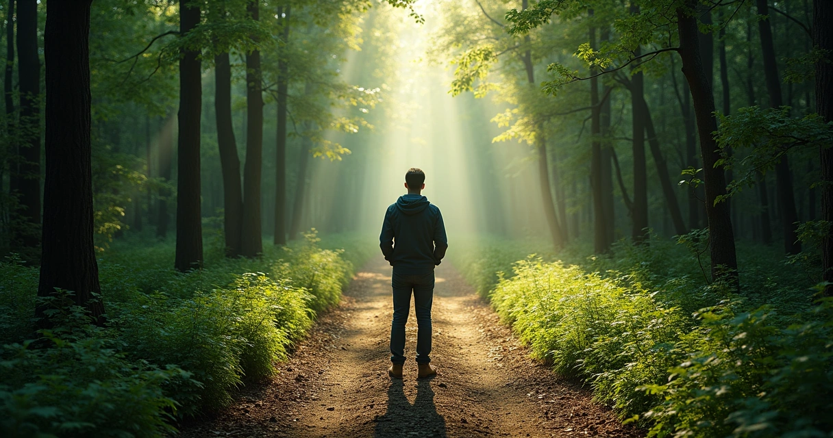 Pessoa em pé diante de dois caminhos diferentes em uma floresta densa.
