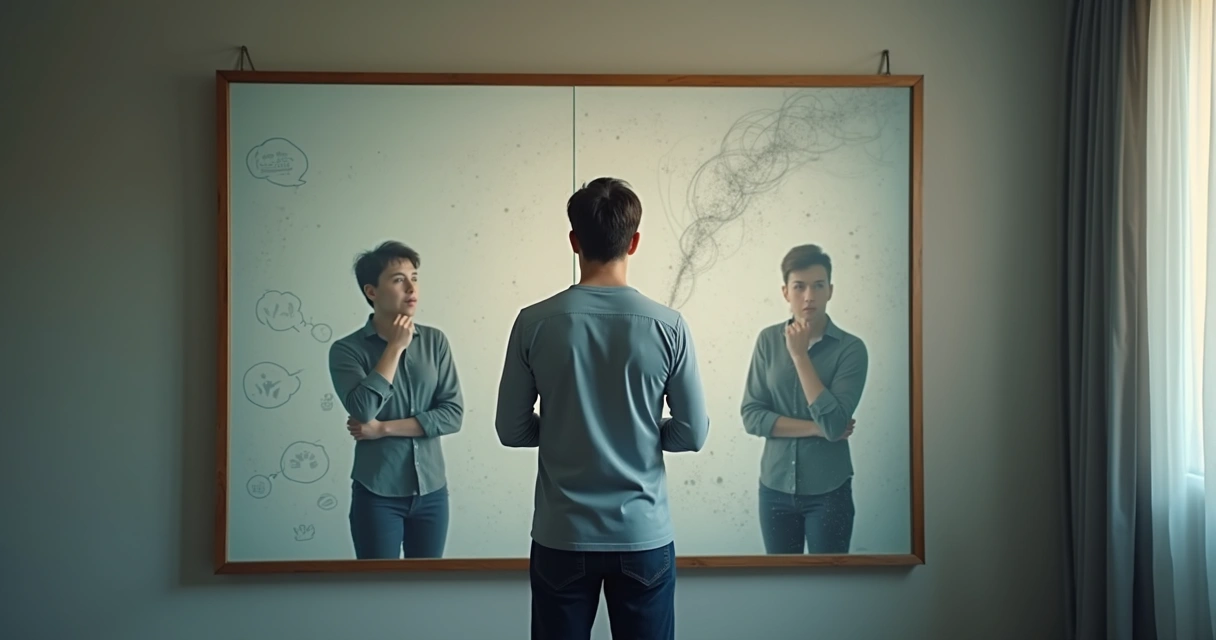 Pessoa em frente a espelho duplo com reflexos opostos representando autojustificação 