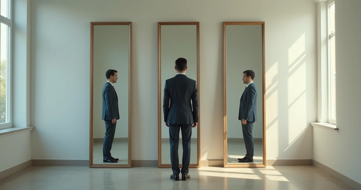 Pessoa observando reflexos diferentes em espelhos 