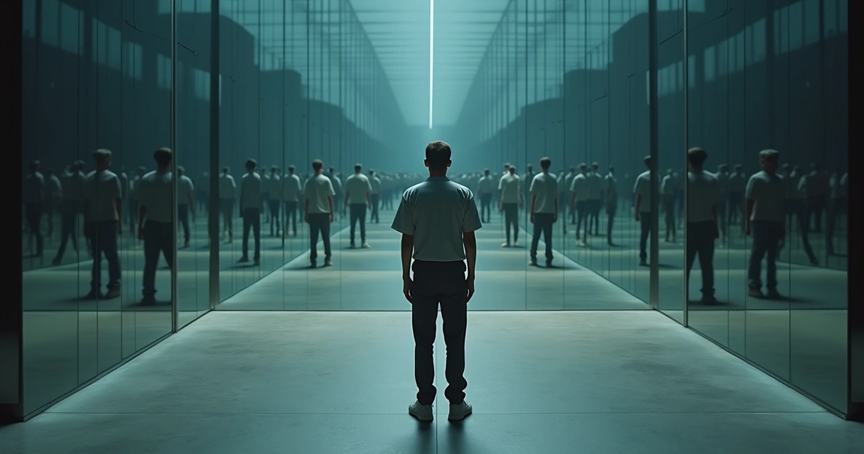 Pessoa observando vários reflexos iguais em espelhos simbolizando padrões repetitivos 