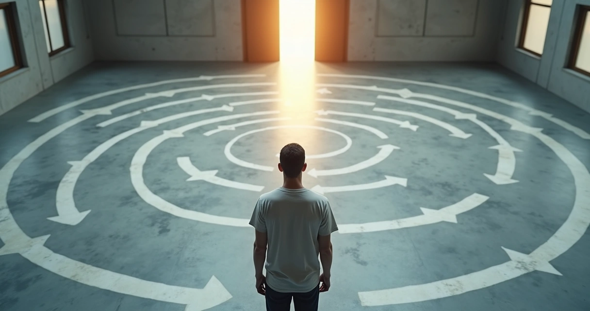 Pessoa observando caminhos em espiral com setas repetidas e saída iluminada 