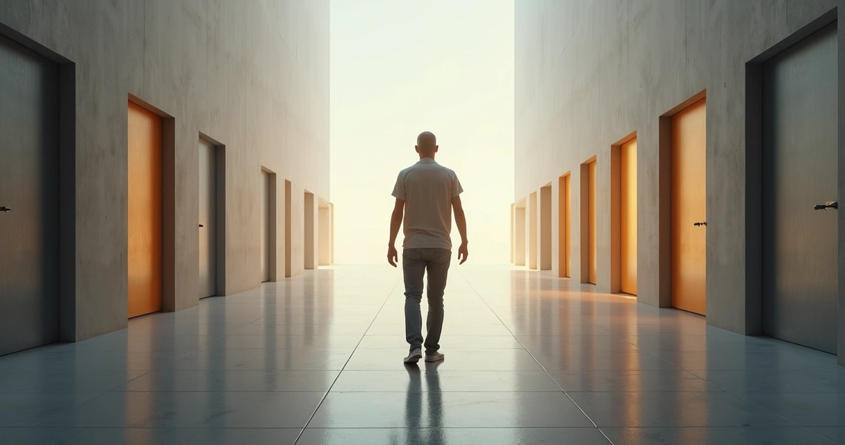 Pessoa em pé diante de várias portas simbolizando escolhas e mudança 