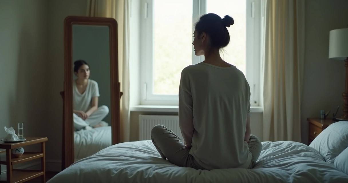 Pessoa sentada diante do espelho em quarto com luz suave 