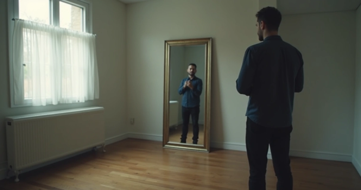 Pessoa olhando o próprio reflexo no espelho com expressão reflexiva