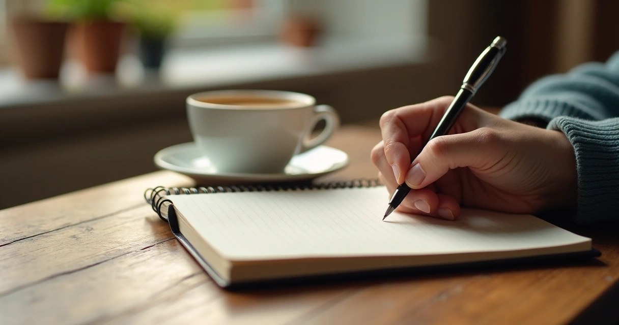 Pessoa escrevendo em diário com uma xícara de café 