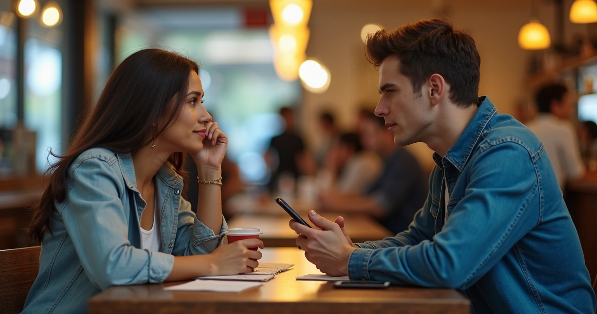 Pessoa distraída olhando para o celular durante conversa 