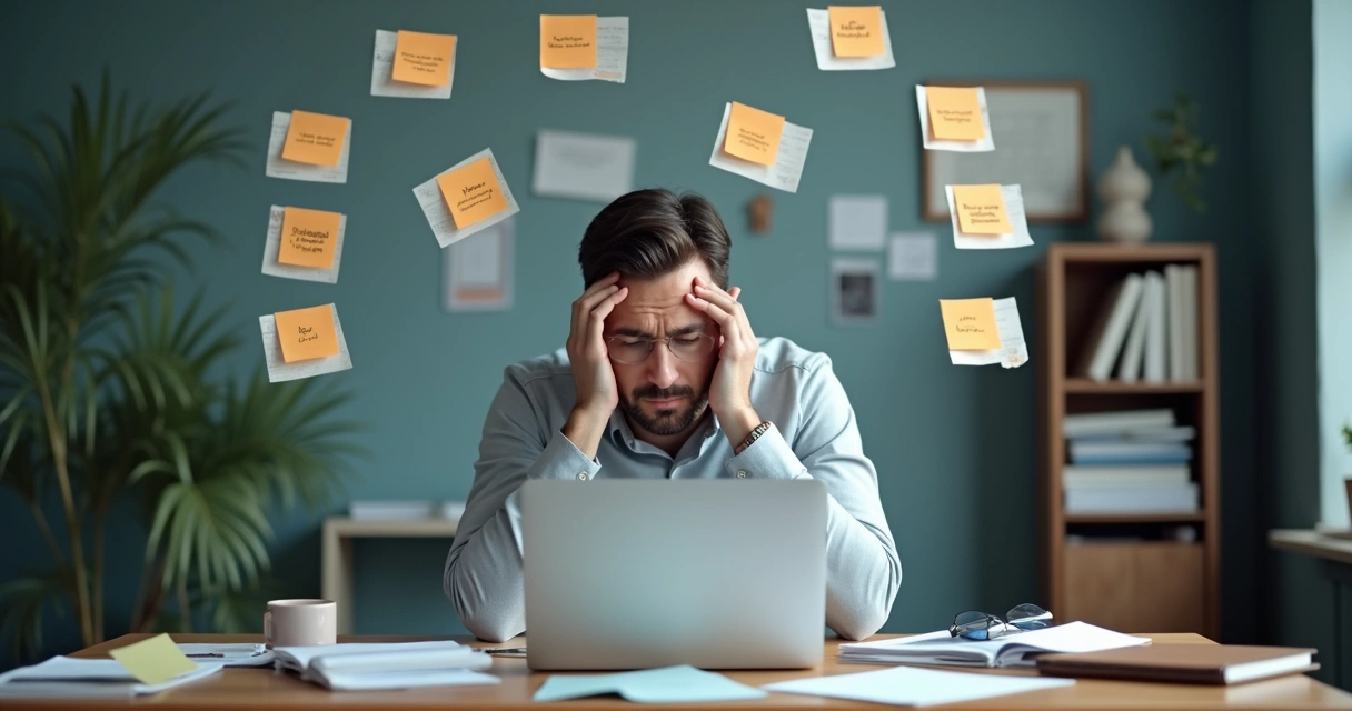 Homem sentado diante do computador cercado por notas adesivas e notificações. 