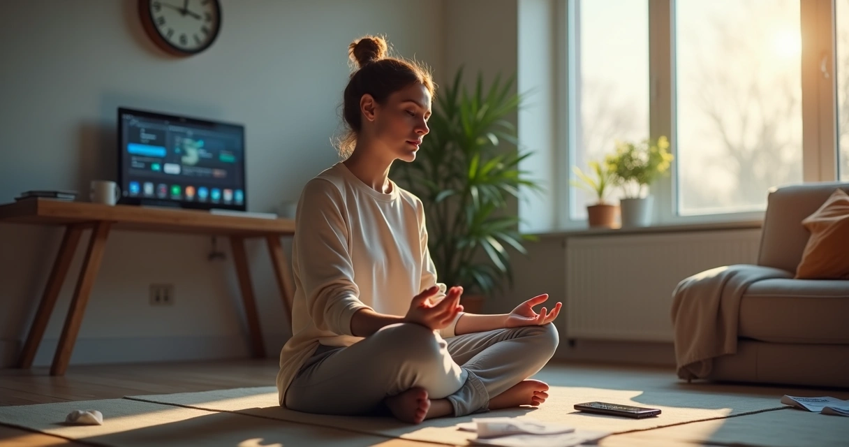Pessoa tentando meditar em casa distraída por celular e notificações digitais 