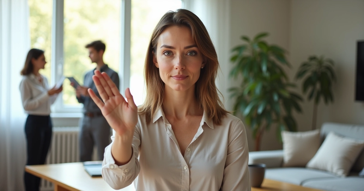 Pessoa adulta dizendo não com confiança em ambiente de trabalho ou familiar 