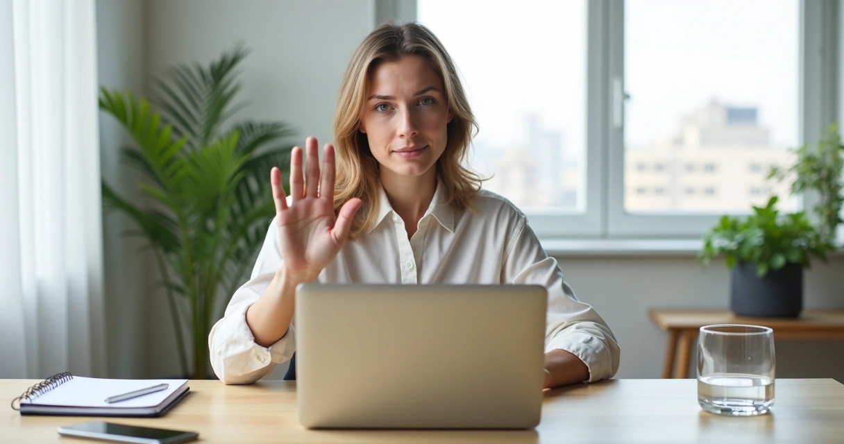 Profissional sentado em frente ao notebook fazendo gesto de não com a mão 