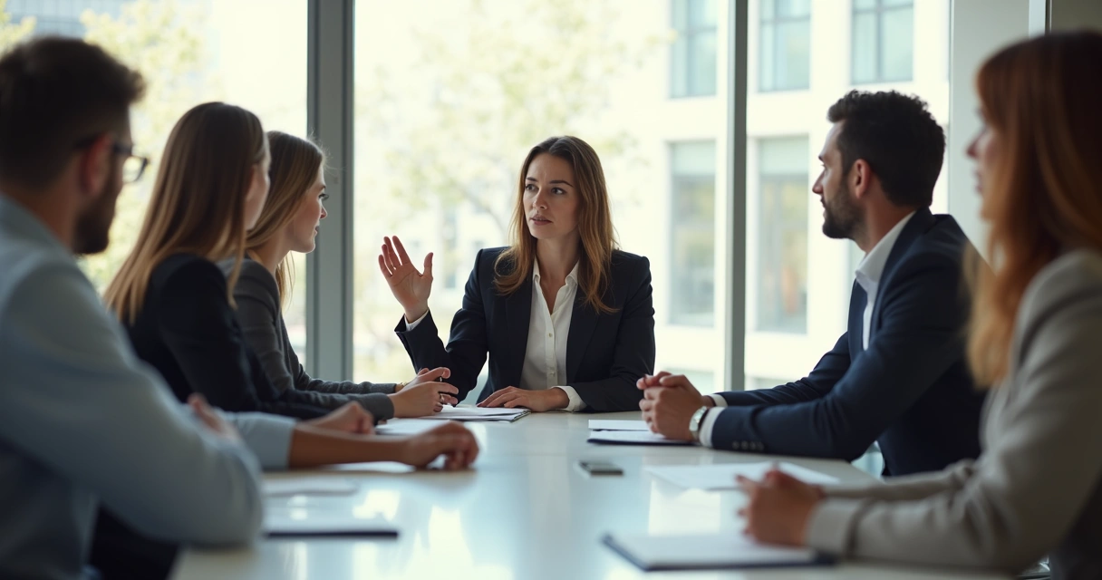 Pessoa levantando a mão em um ambiente corporativo, sinalizando recusa em reunião