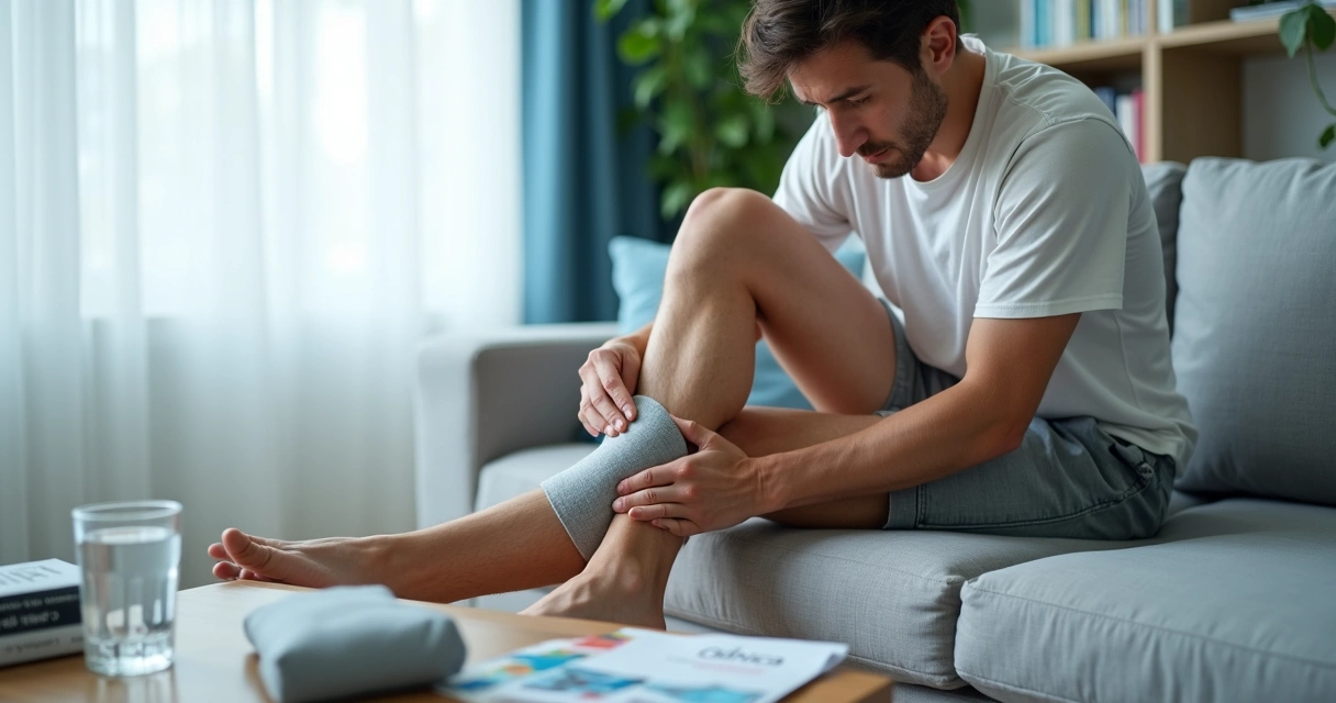 Adulto sentado no sofá segurando a panturrilha dolorida com gelo na perna 