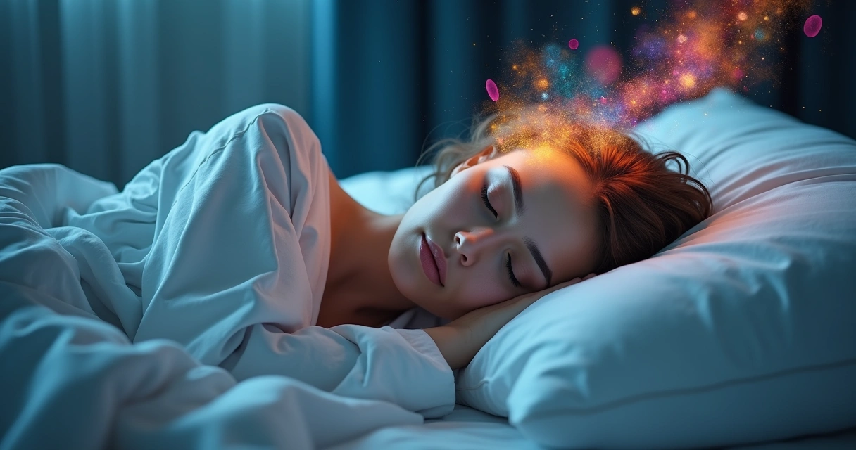 Pessoa deitada dormindo, com formas e cores fluindo ao redor da cabeça, representando novas percepções. 