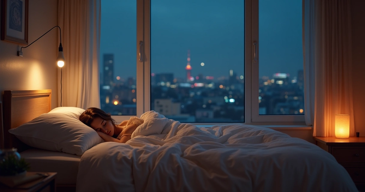 Pessoa dormindo tranquilamente em quarto escuro e silencioso. 