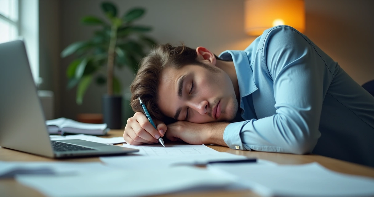 Pessoa dormindo com cabeça sobre a mesa em ambiente de trabalho 