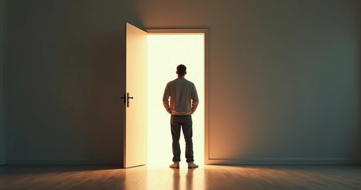 Pessoa em pé diante de duas portas diferentes, representando escolha e dúvida 
