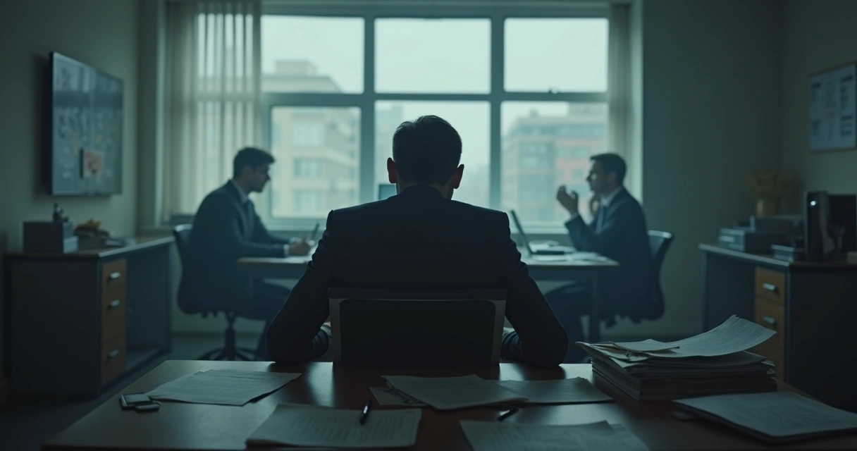 Pessoa em ambiente de trabalho tóxico, isolada em uma sala com clima pesado e expressão séria. 