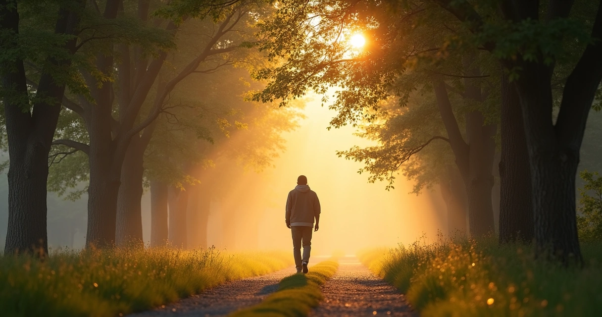 Pessoa caminhando em trilha entre árvores, luz natural ao fundo 