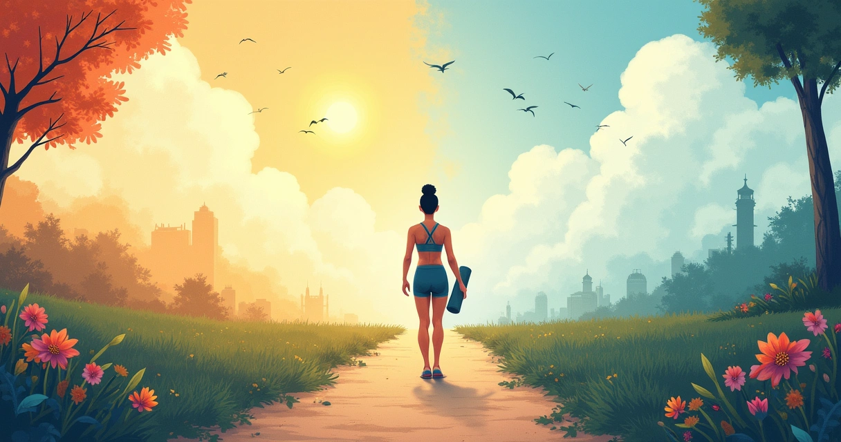 Ilustração de uma pessoa em um cruzamento, simbolizando motivação e desmotivação, com elementos inspiradores ao fundo.