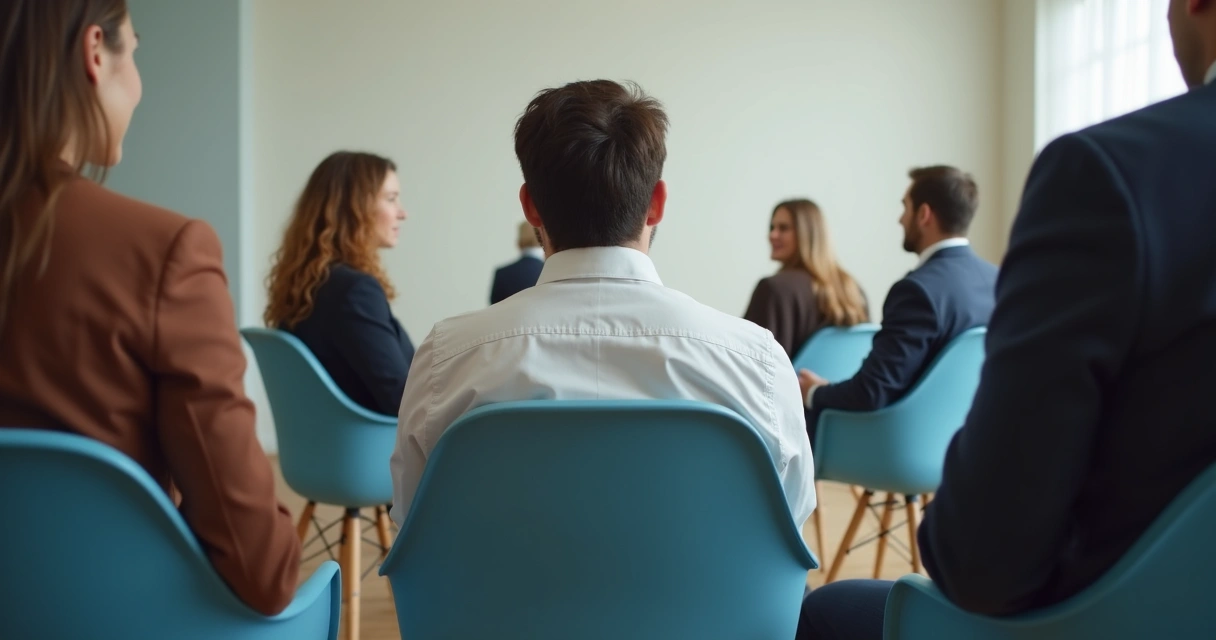 Pessoa em grupo com expressão contida em reunião