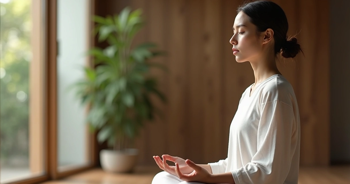 Pessoa em posição de meditação consciente, sentada em ambiente tranquilo, com luz suave, elementos naturais ao fundo e expressão de atenção serena