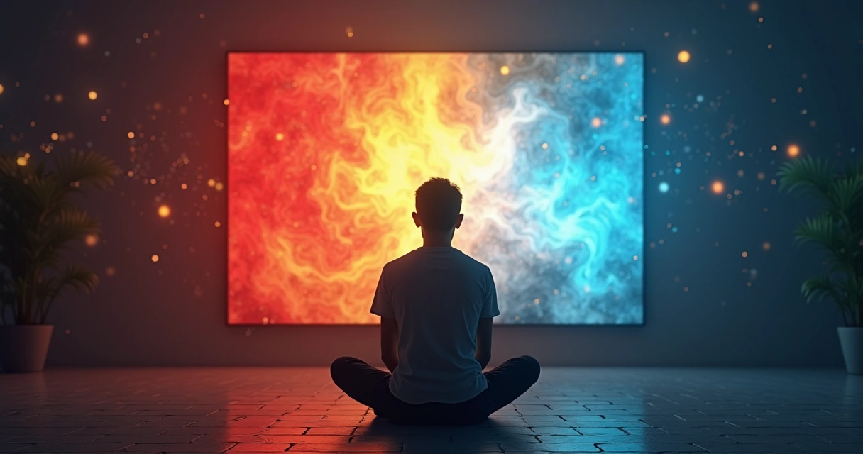 Pessoa em meditação diante de tela digital com emoções representadas por cores 