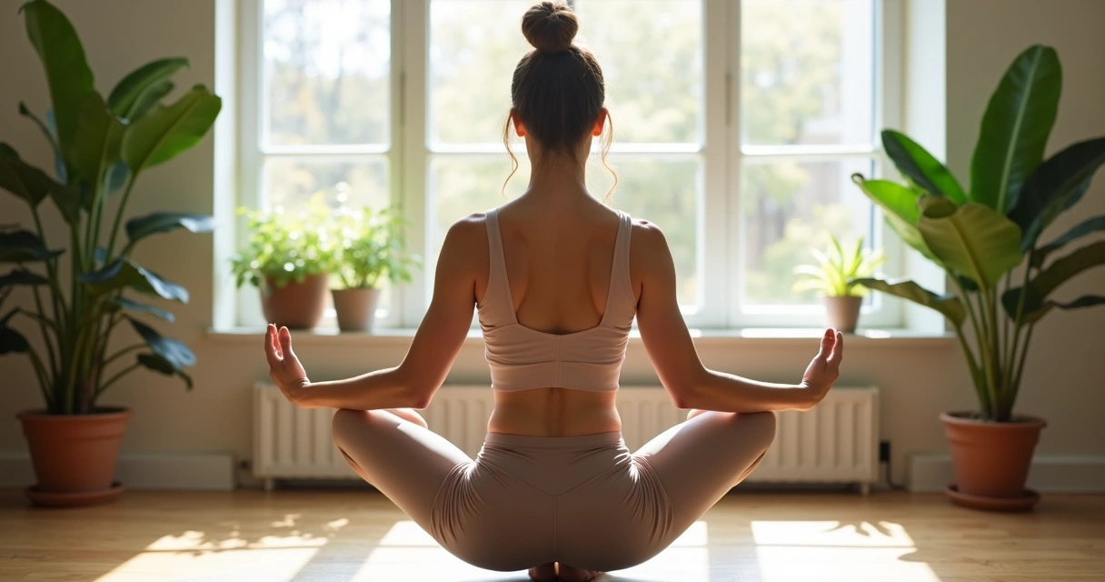Mulher fazendo postura de equilíbrio de yoga em uma sala com luz suave 