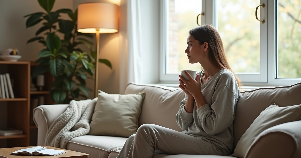 Pessoa sentada em sofá de sala acolhedora segurando uma caneca e olhando pela janela 
