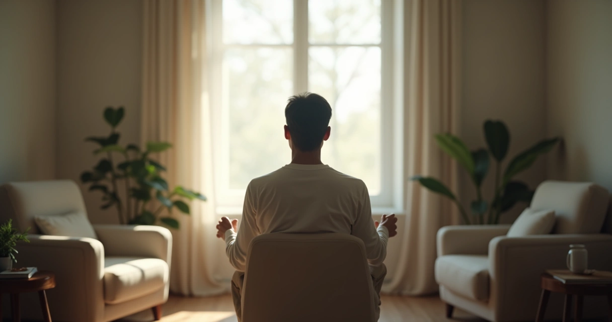 Pessoa sentada refletindo em ambiente calmo, luz suave entrando pela janela 