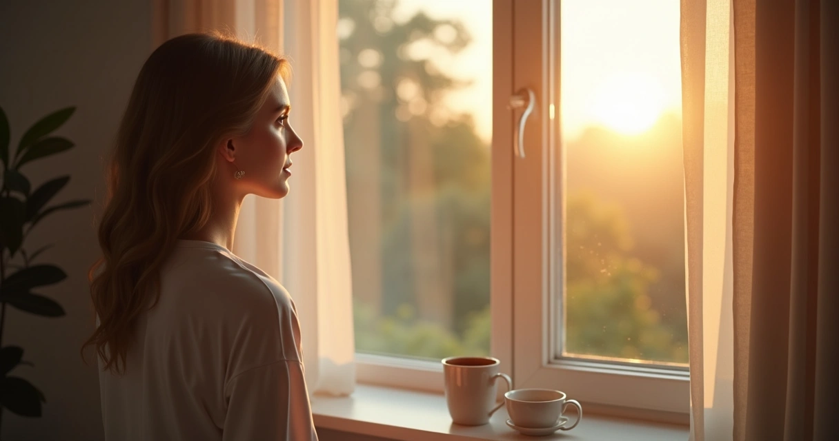 Pessoa olhando pela janela refletindo em ambiente tranquilo 