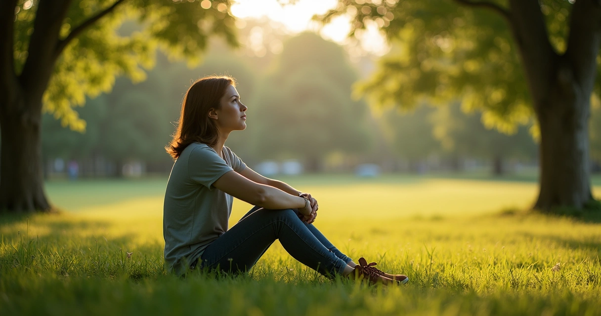 Pessoa em momento reflexivo sentada em área verde 