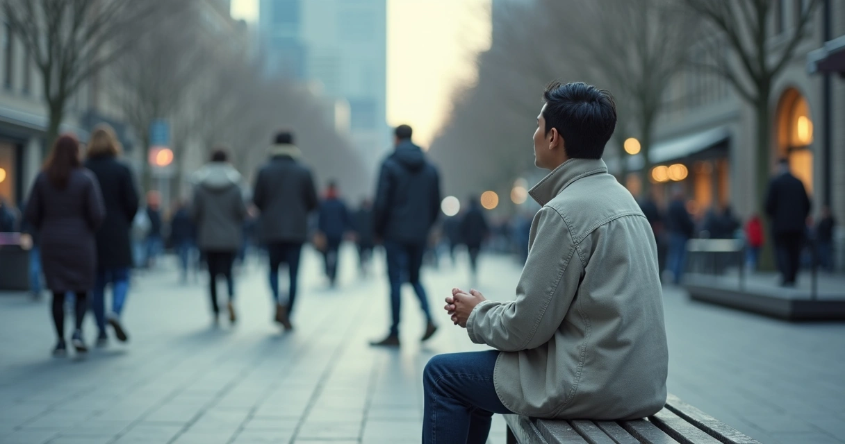 Pessoa sentada em silêncio em um ambiente urbano movimentado 