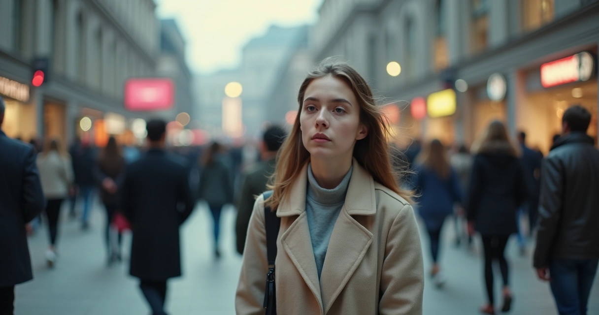 Pessoa em meio à multidão colorida com expressão serena e emoção sutil destacada 