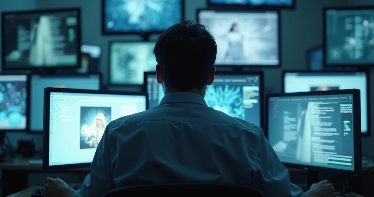 Pessoa olhando fixamente para várias telas, parecendo confusa e sobrecarregada 