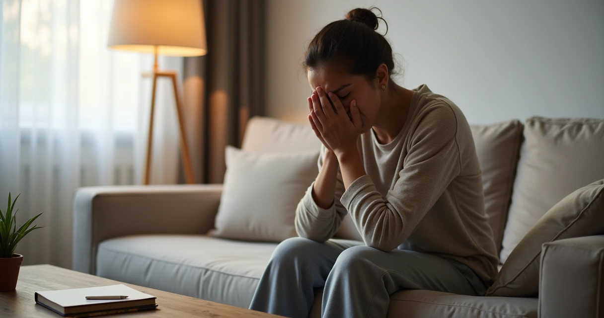 Pessoa sentada no sofá com expressão pensativa em ambiente acolhedor 