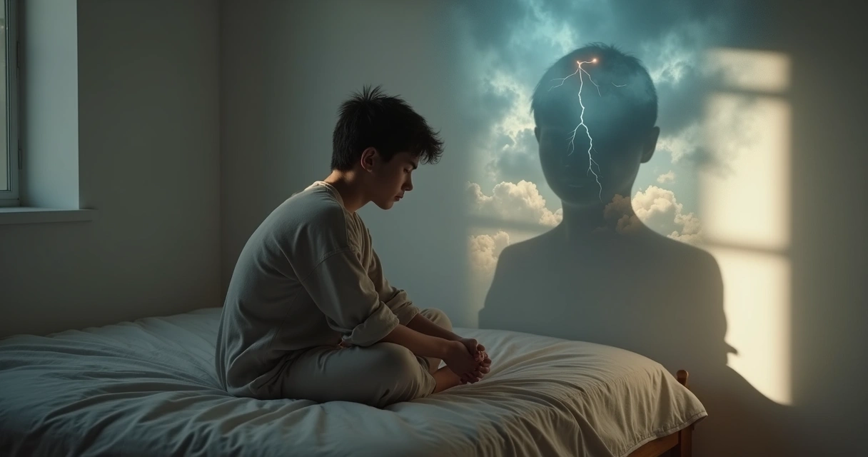 Pessoa sentada com sombra projetando tempestade emocional 