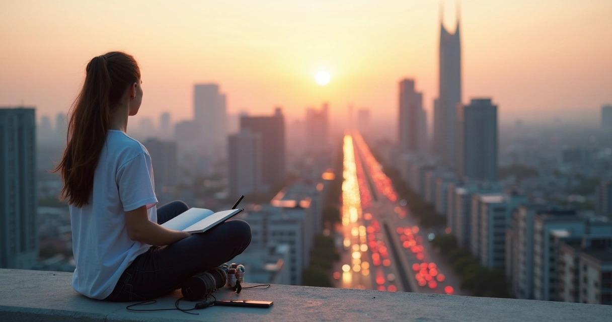 Pessoa sentada em mirante sobre cidade movimentada refletindo em silêncio 