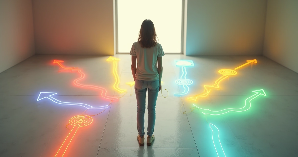 Pessoa em encruzilhada segurando várias cordas que puxam em direções opostas 