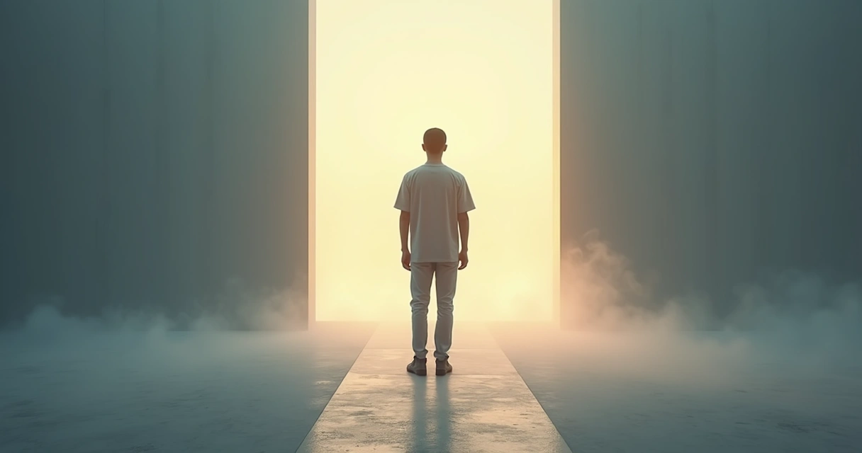 Pessoa em pé diante de dois caminhos iluminados em um cenário interno abstrato 