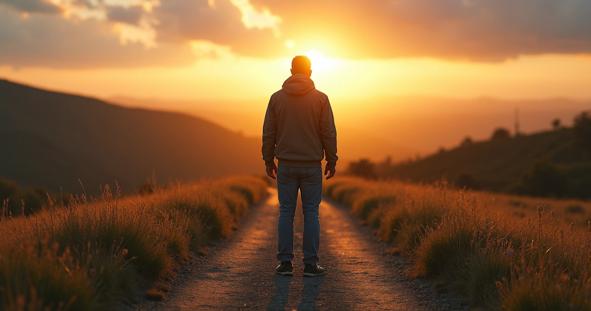 Pessoa em pé em encruzilhada iluminada pela luz do amanhecer 